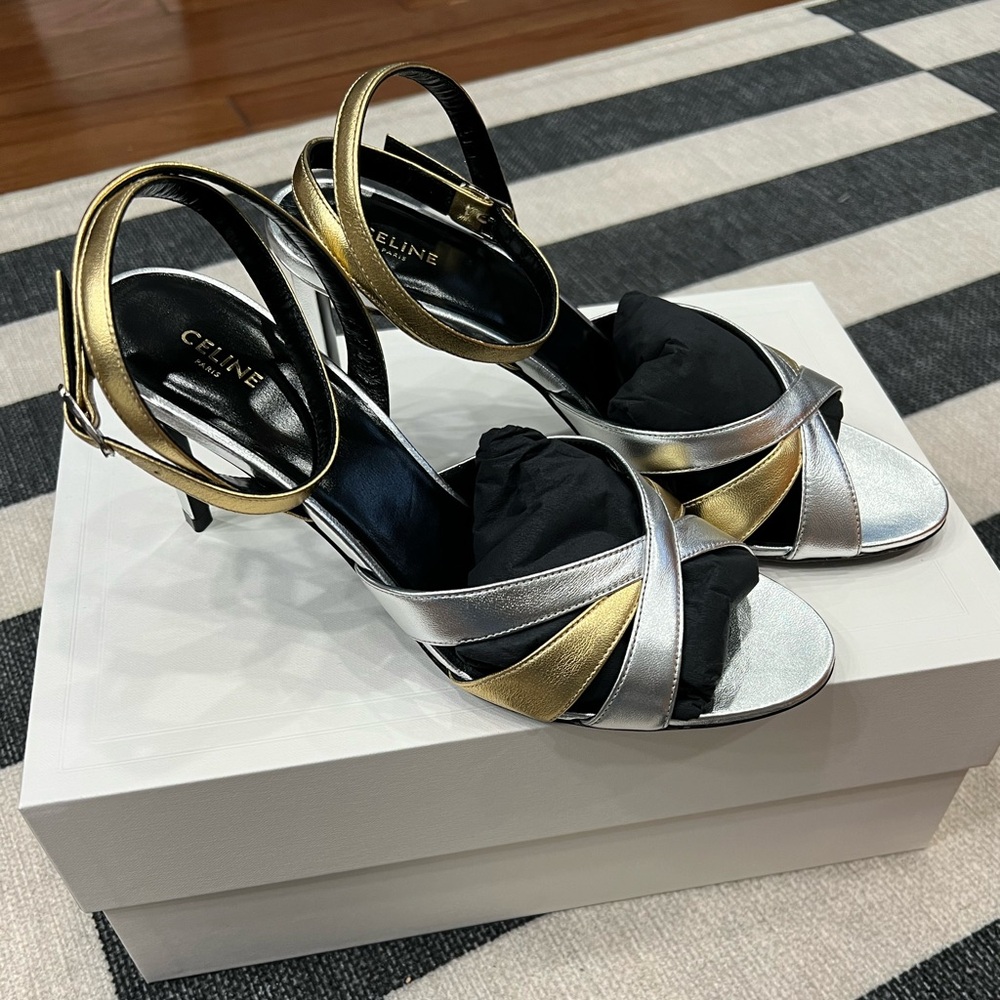BNIB Celine Sharp Leather Sandals 38.5 Gold/Silver